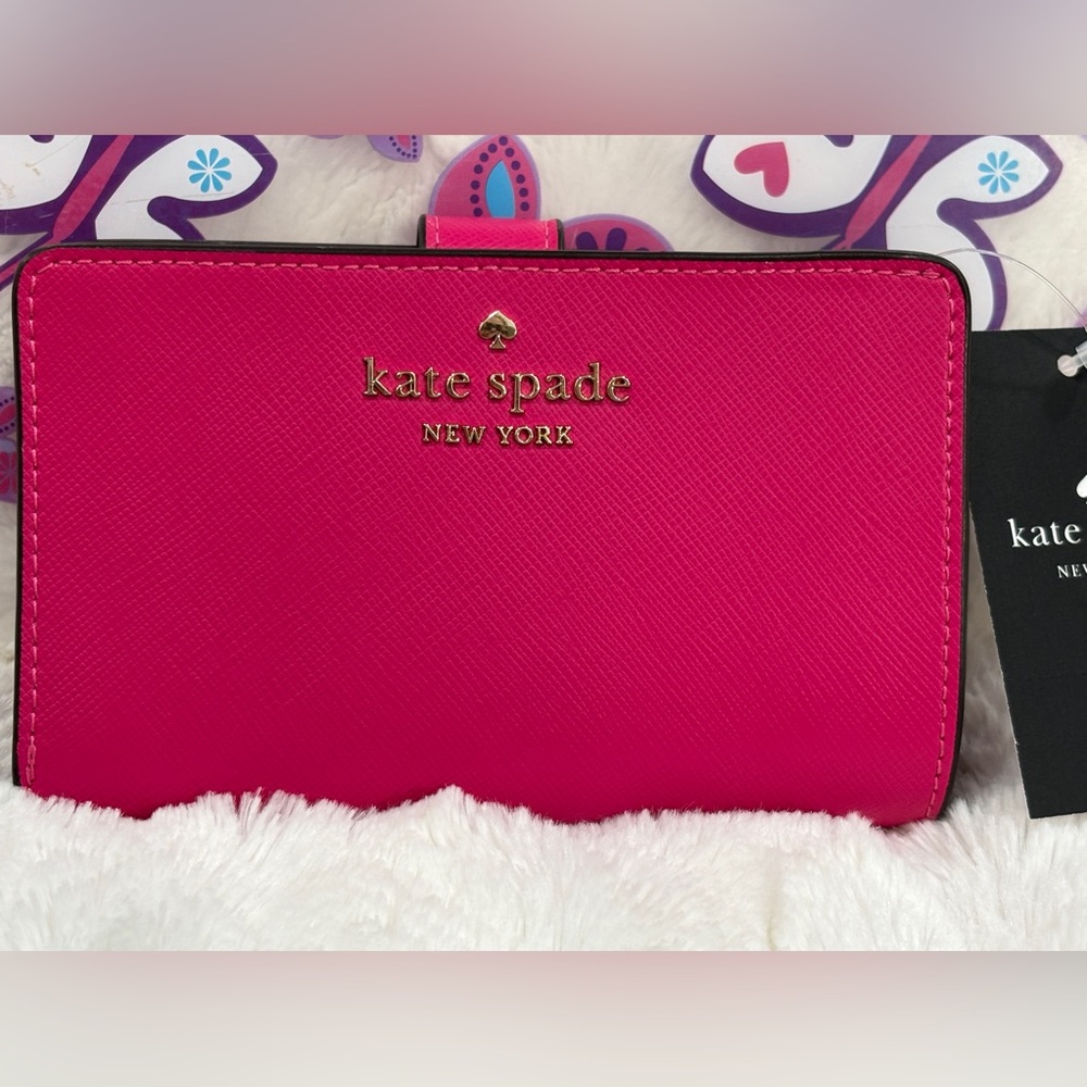 Kate Spade Staci Saffiano Leather Medium Bi-Fold Wallet in Deep Hibiscus 🌺